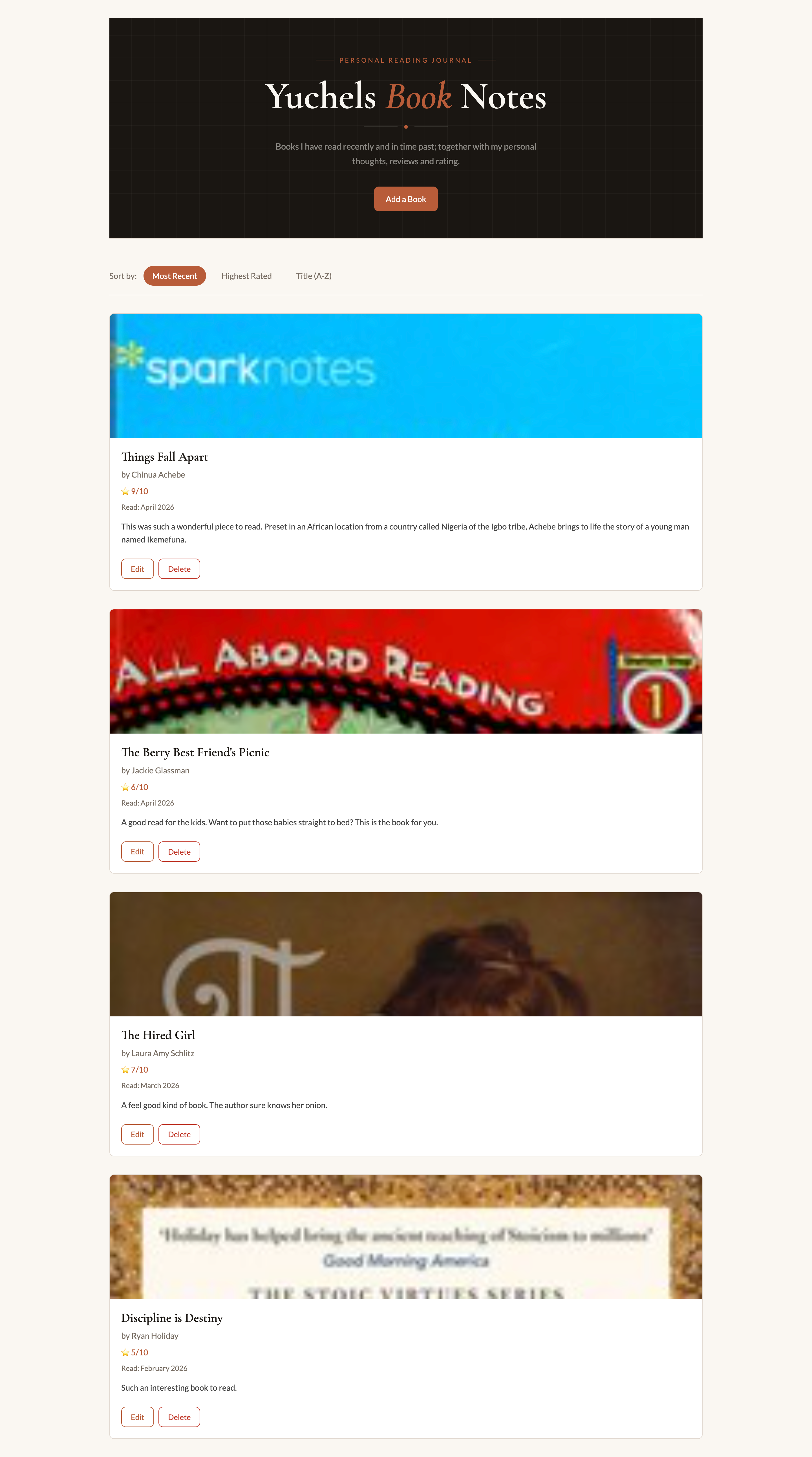 Screenshot of the Book Notes application showing a list of books with ratings and cover art