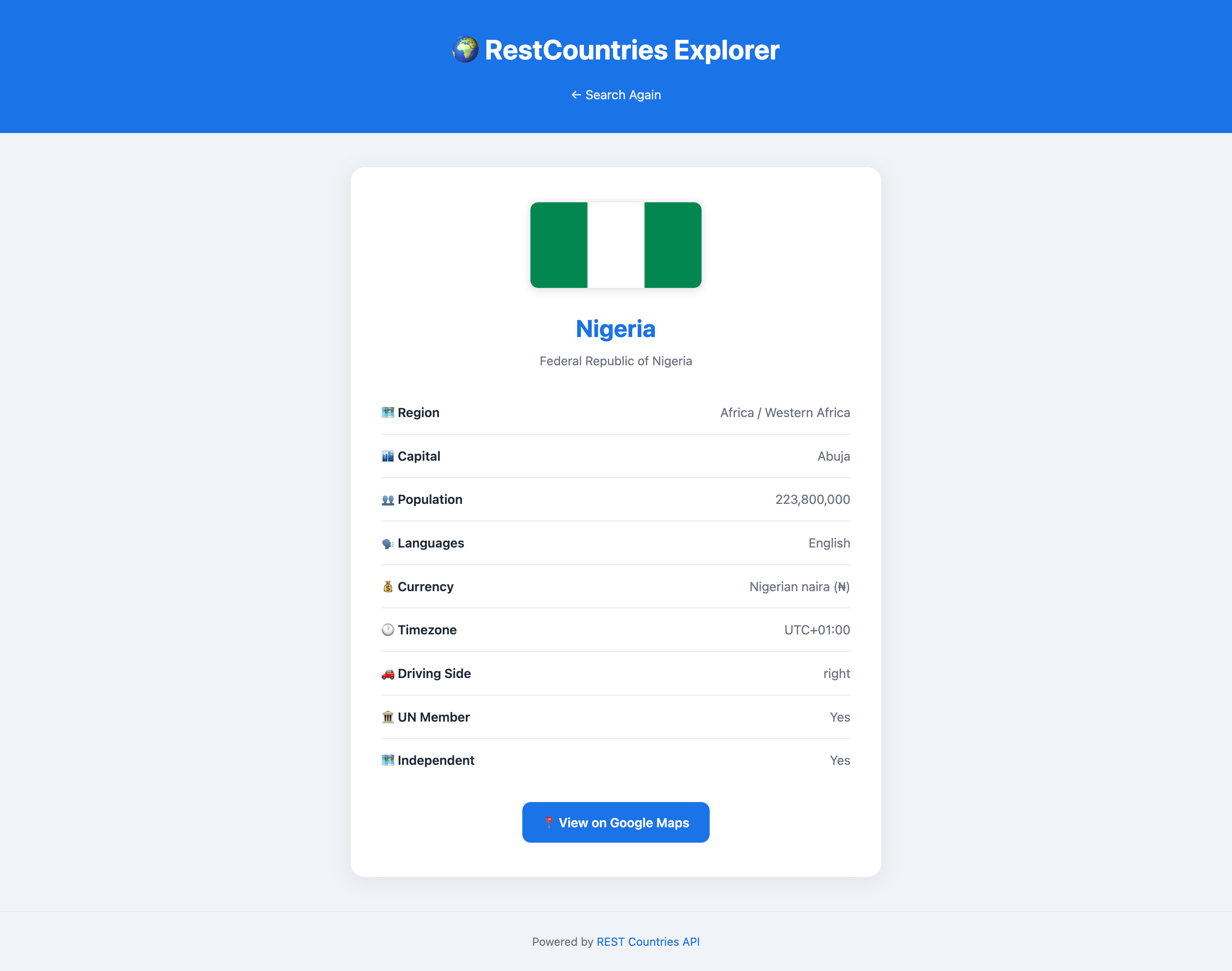 Screenshot of the REST Countries Explorer app shwoing a world map and country cards